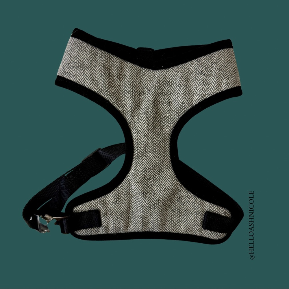 Gray Herringbone Dog Harness with Black Trim